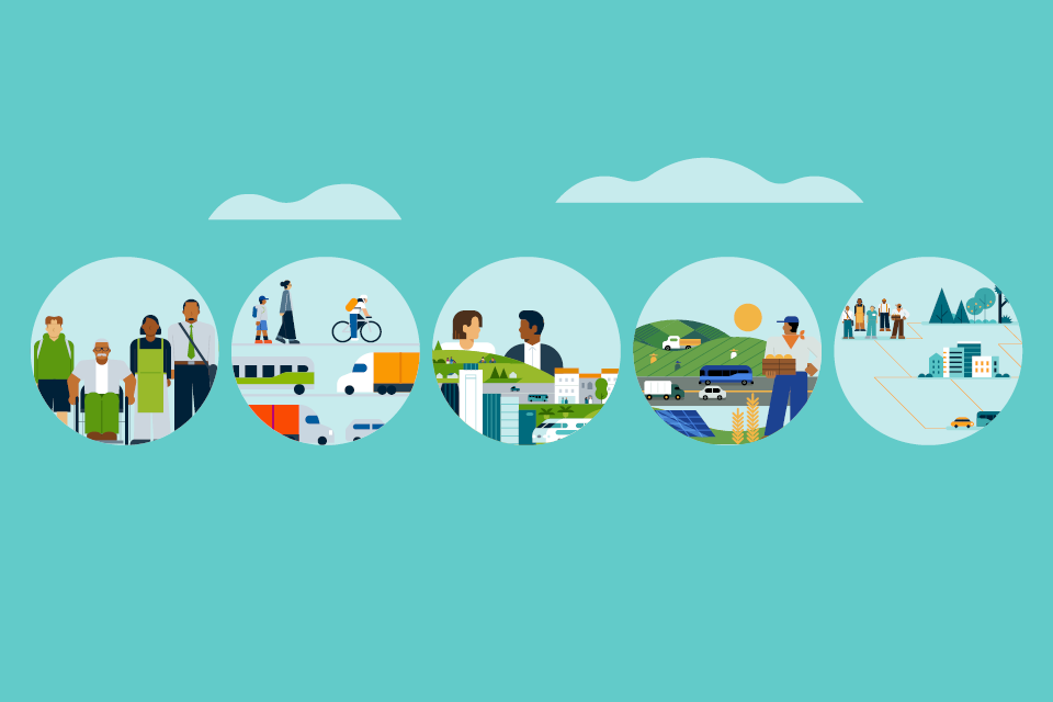 Circles depicting sustainable lifestyle scenes on a turquoise background.