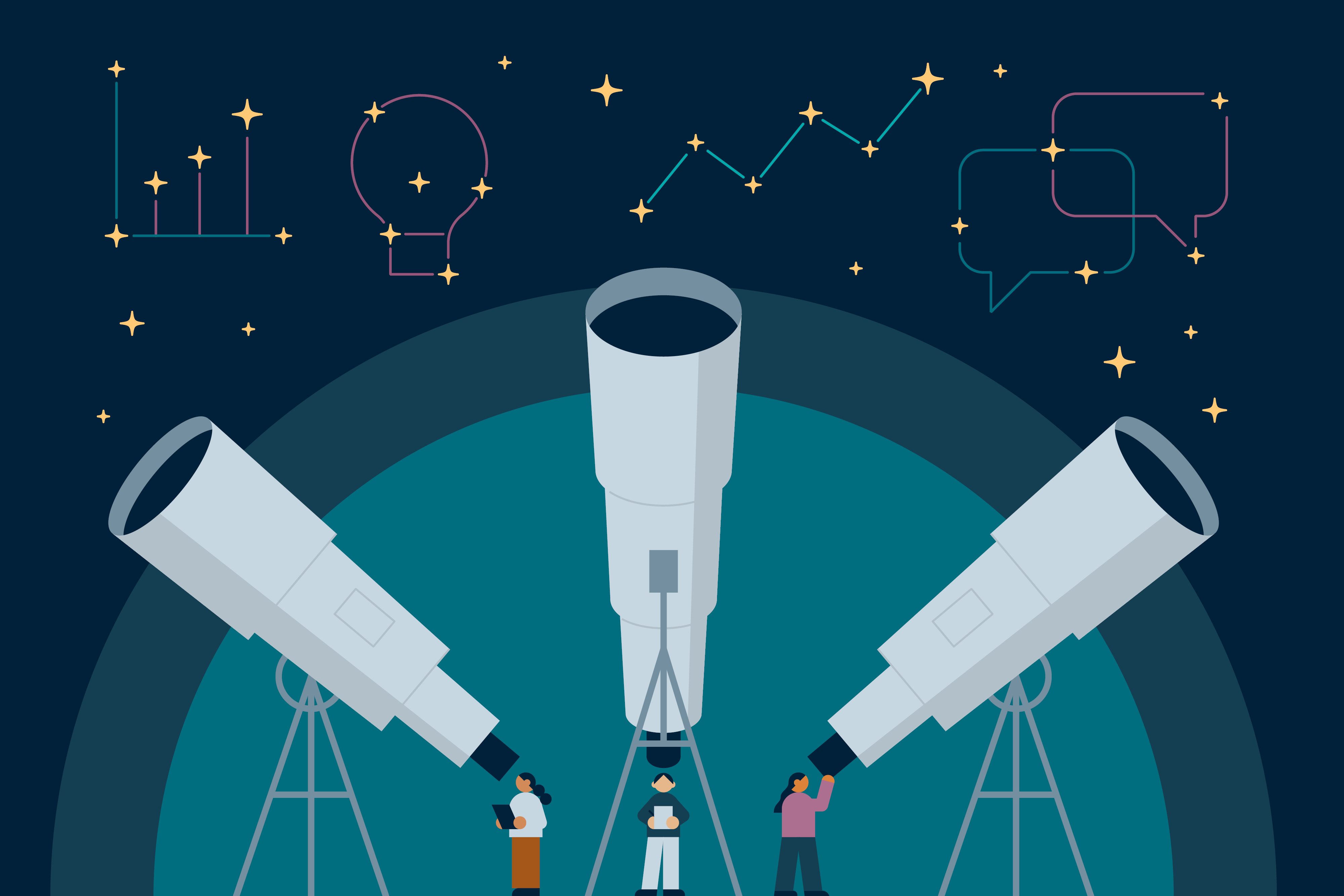 Three people looking through telescopes with charts in the background.