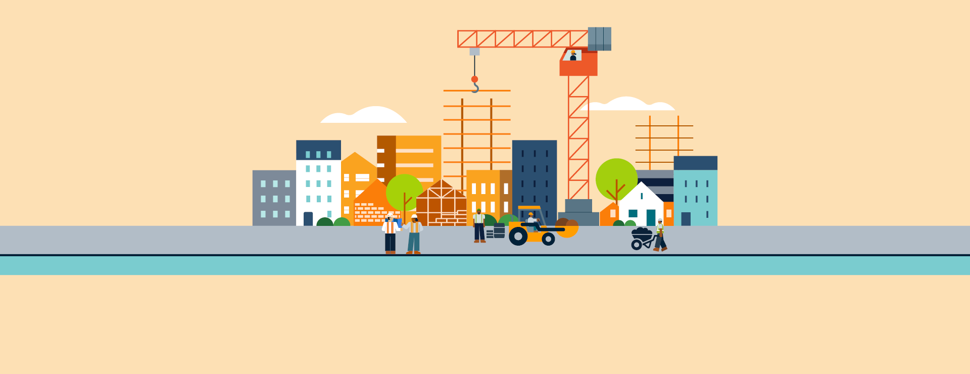 Cityscape graphic with buildings, crane, and trees.