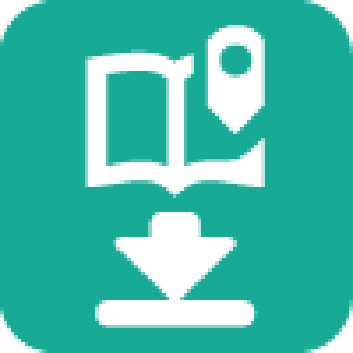 Open book with a location pin above a download arrow, in teal and black.