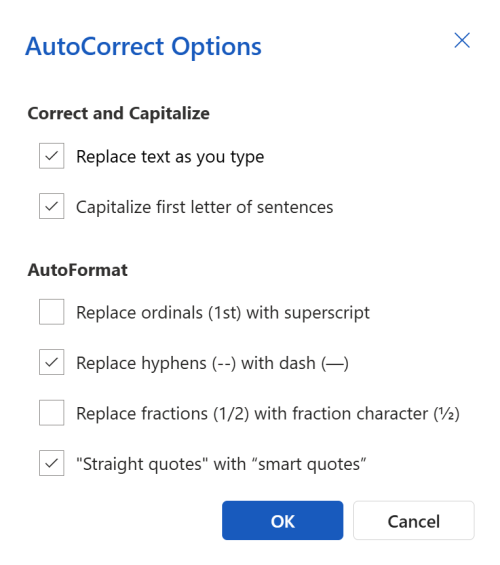 AutoCorrect Options menu with various text formatting settings.