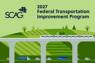 Elevated highway and train above cars in a green landscape, SCAG logo present.