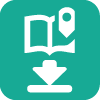 Open book with a location pin above a download arrow, in teal and black.