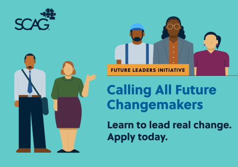 Diverse group illustration on a teal background with a "Future Leaders" banner.