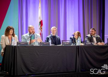 Panelists seated at a table with microphones, purple backdrop, SCAG logo visible.