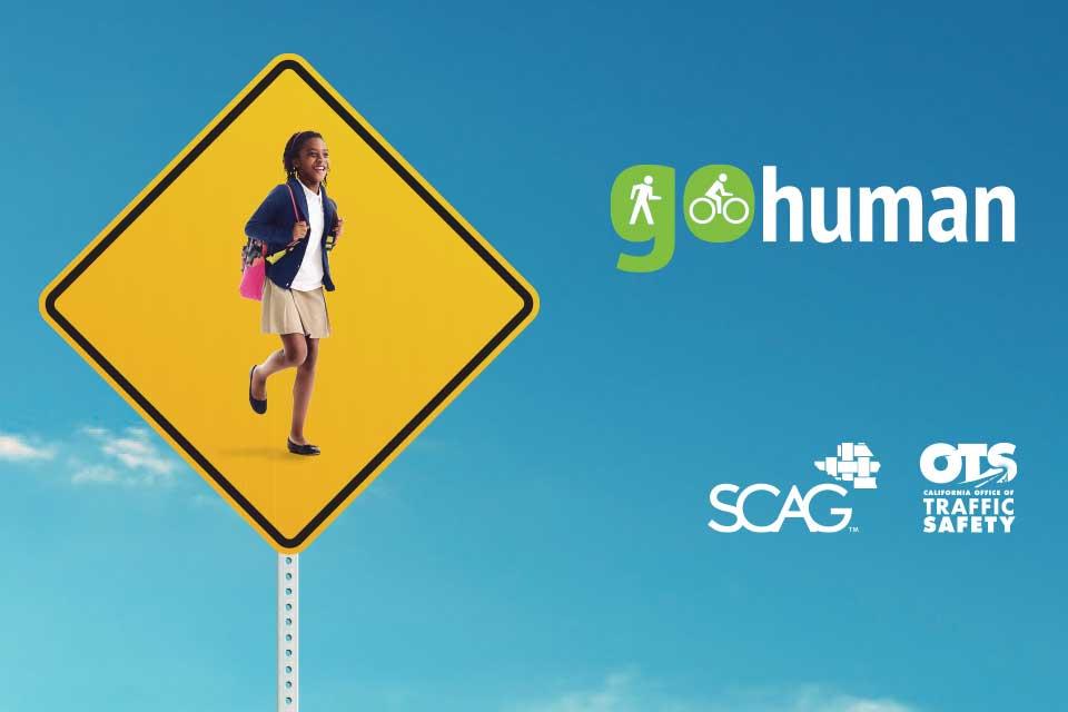 Go Human Artwork of School Girl Walking with a Backpack
